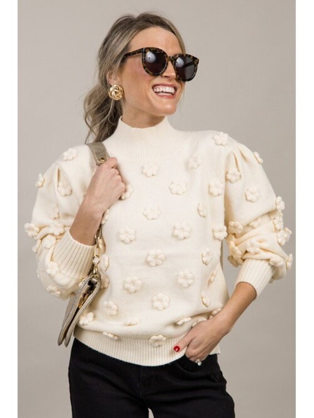 HAUSEN Size S Ivory Long Sleeve Crop Knit Long Sleeve Sweater 3D Flowers Cottage